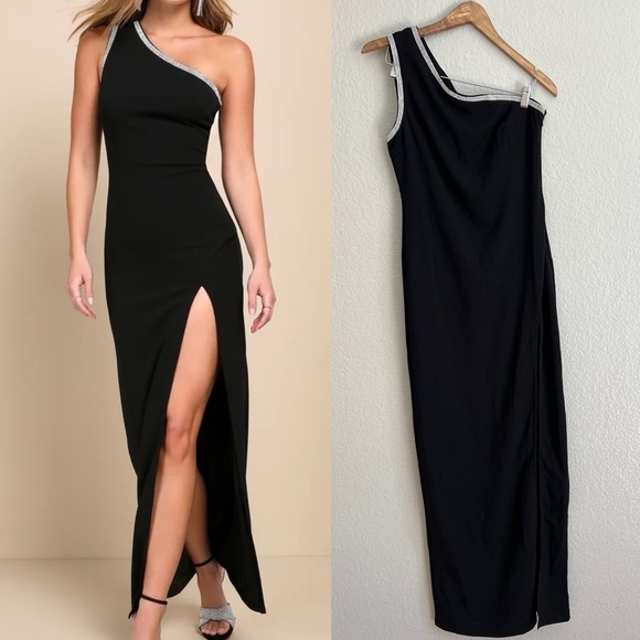 Glamorous Muse Black Rhinestone One-Shoulder Maxi Dress - Picture 1 of 8